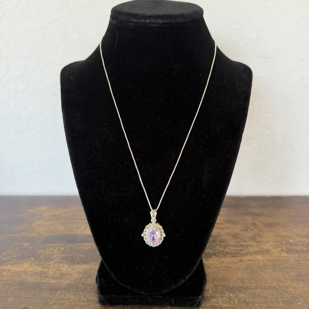 925 Sterling Silver Purple‎ CZ Halo Pendant Necklace Marcasite Accents